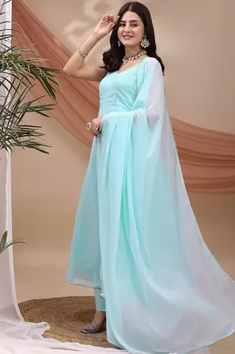Sky blue sequin embellished georgette stitched a-line kurta set with trousers & dupatta