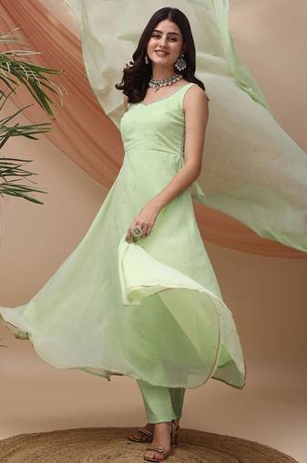 Green sequin embellished georgette stitched a-line kurta set with trousers & dupatta