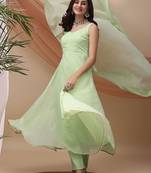 Green sequin embellished georgette stitched a-line kurta set with trousers & dupatta