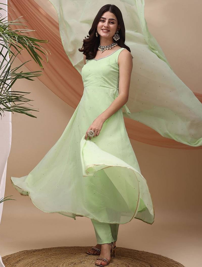 Green sequin embellished georgette stitched a-line kurta set with trousers & dupatta