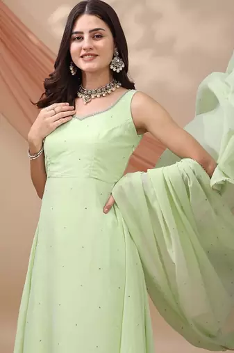 Green sequin embellished georgette stitched a-line kurta set with trousers & dupatta