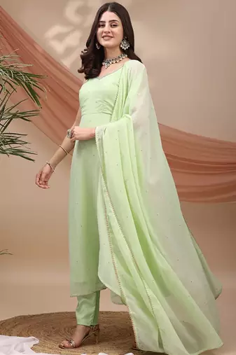 Green sequin embellished georgette stitched a-line kurta set with trousers & dupatta