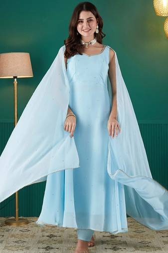 Sky blue sequin embellished georgette stitched a-line kurta set with trousers & dupatta