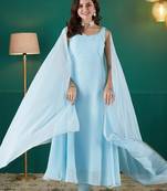 Sky blue sequin embellished georgette stitched a-line kurta set with trousers & dupatta
