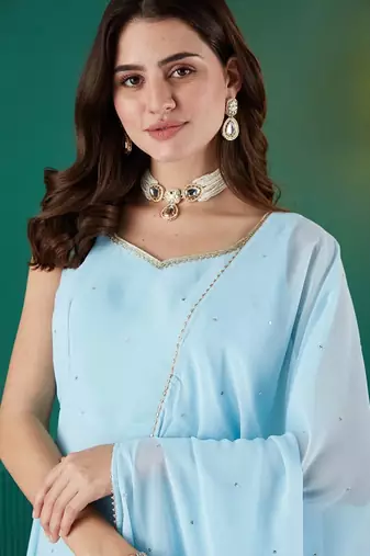 Sky blue sequin embellished georgette stitched a-line kurta set with trousers & dupatta