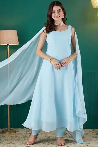 Sky blue sequin embellished georgette stitched a-line kurta set with trousers & dupatta