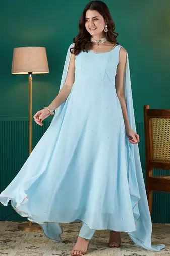 Sky blue sequin embellished georgette stitched a-line kurta set with trousers & dupatta