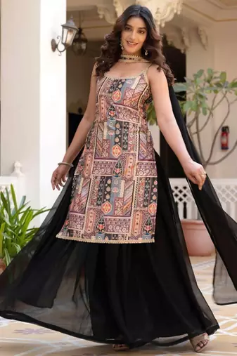 Black ethnic motifs printed silk stitched straight sharara kurta set with dupatta