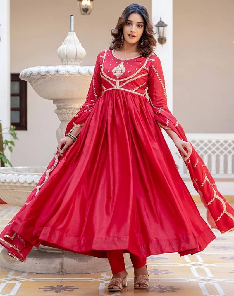 Red striped embroidered chinon stitched anarkali kurta set with trouser & dupatta