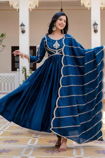 Teal striped embroidered chinon stitched anarkali kurta set with trouser & dupatta