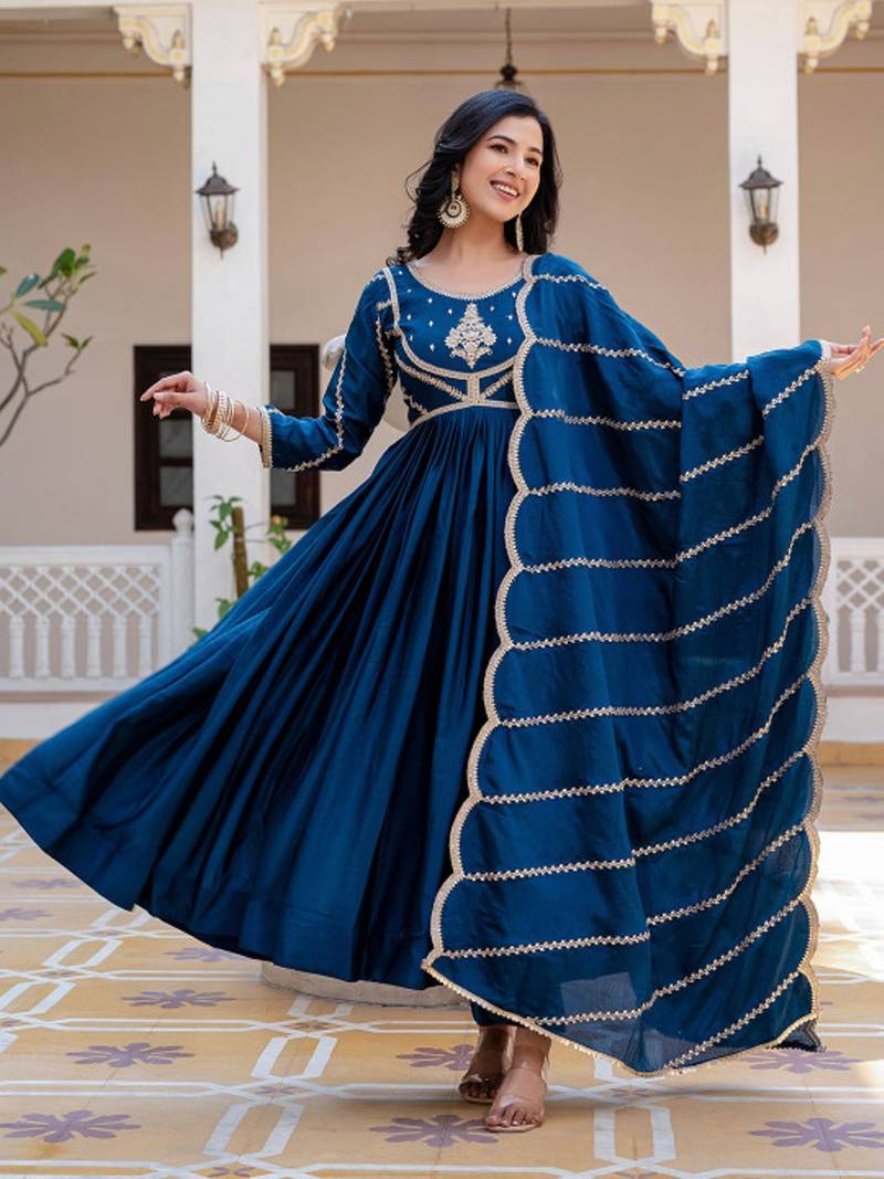 Teal striped embroidered chinon stitched anarkali kurta set with trouser & dupatta