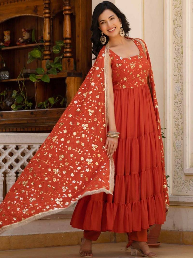 Rust floral embroidered work georgette stitched anarkali kurta set with trouser & dupatta