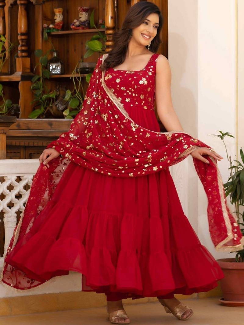 Red floral embroidered work georgette stitched anarkali kurta set with trouser & dupatta