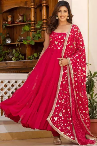 Red floral embroidered work georgette stitched anarkali kurta set with trouser & dupatta