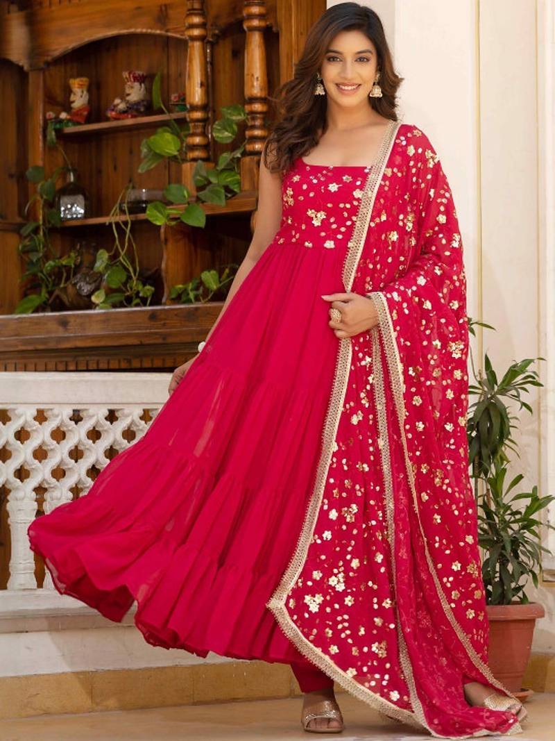 Red floral embroidered work georgette stitched anarkali kurta set with trouser & dupatta