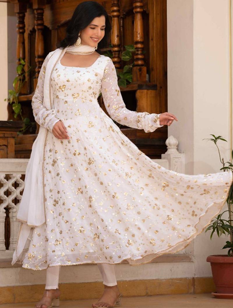 White embroidered zari work georgette stitched anarkali kurta set with trouser & dupatta