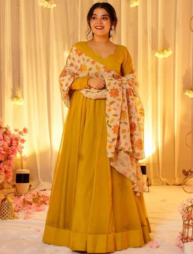 Yellow plain georgette stitched anarkali kurta set with dupatta