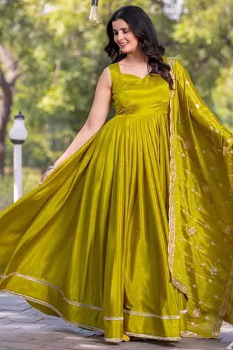 Green plain silk stitched anarkali kurta set with dupatta