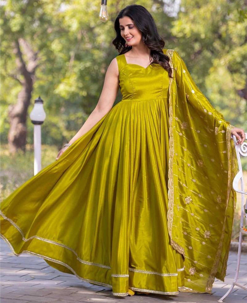 Green plain silk stitched anarkali kurta set with dupatta