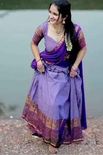 Lavender Kanci Cotton  blend Half Saree     Traditional Zari Weaving Langa Voni Set For South Indian Style 