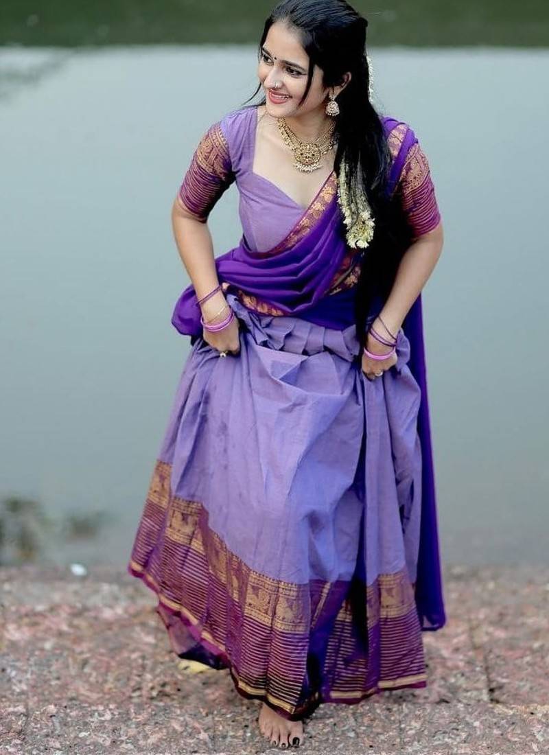 Lavender Kanci Cotton  blend Half Saree – Traditional Zari Weaving Langa Voni Set For South Indian Style 