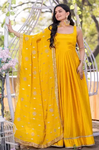 Yellow plain silk stitched anarkali kurta set with dupatta