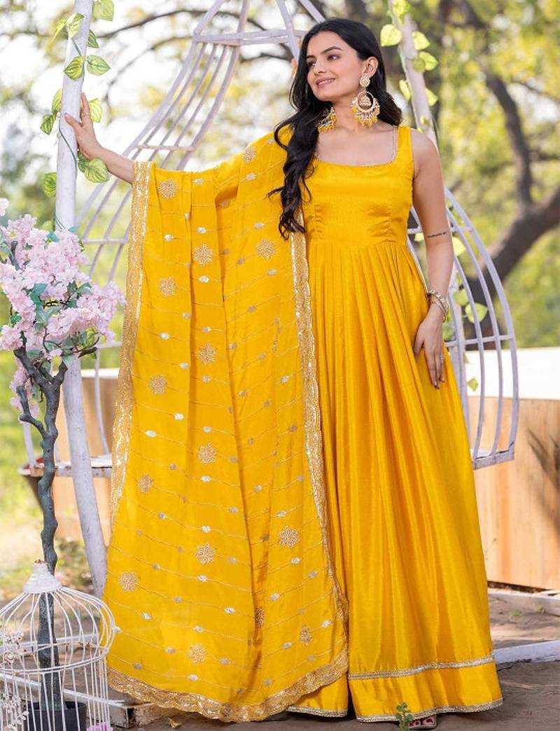Yellow plain silk stitched anarkali kurta set with dupatta