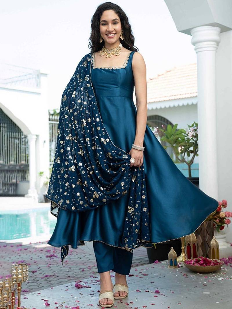 Teal plain satin stitched anarkali kurta set with trouser & dupatta