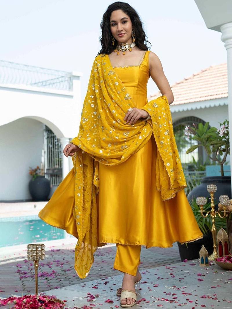 Yellow plain satin stitched anarkali kurta set with trouser & dupatta