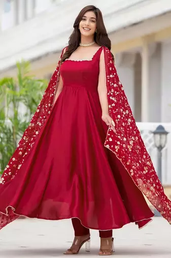 Maroon plain satin stitched anarkali kurta set with trouser & dupatta