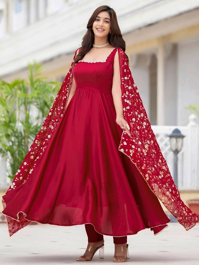 Maroon plain satin stitched anarkali kurta set with trouser & dupatta