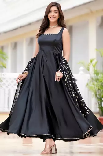 Black plain satin stitched anarkali kurta set with trouser & dupatta