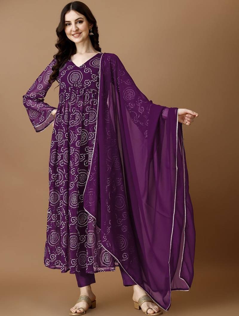 Purple bandhani printed georgette stitched a-line kurta set with trousers & dupatta