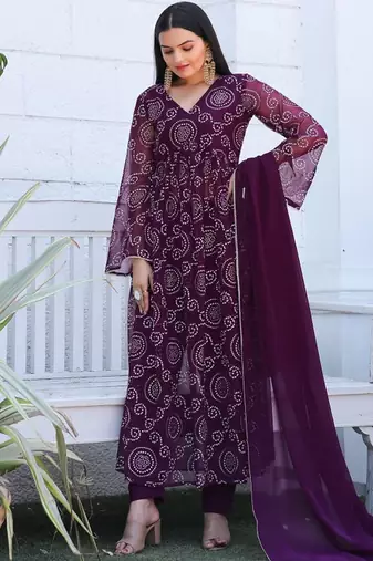 Purple bandhani printed georgette stitched a-line kurta set with trousers & dupatta