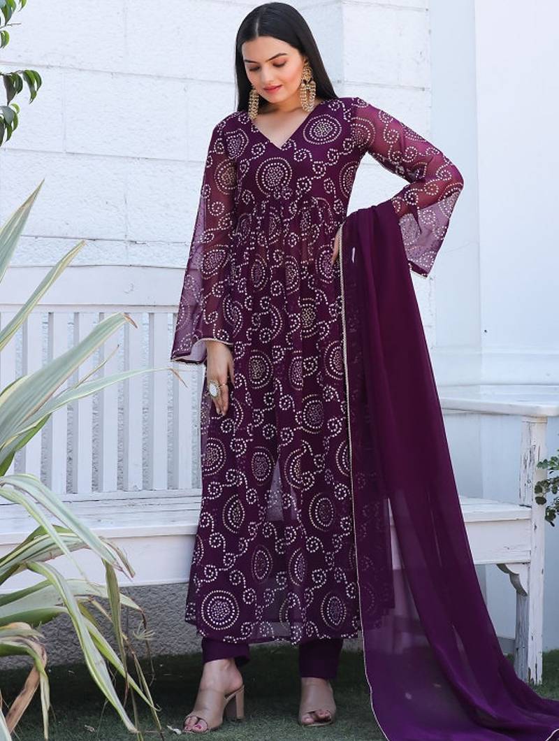 Purple bandhani printed georgette stitched a-line kurta set with trousers & dupatta