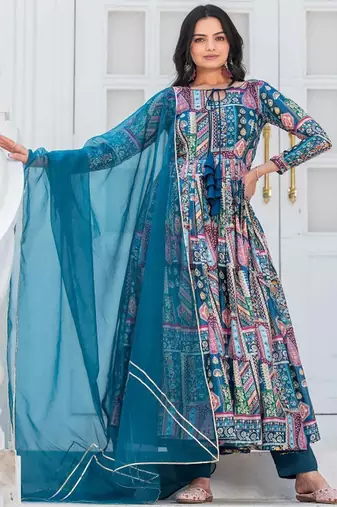 Teal-blue patch work silk stitched a-line kurta set with trousers & dupatta