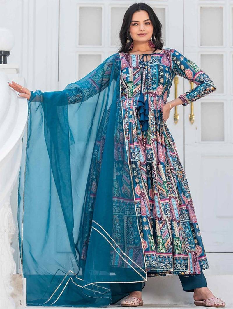 Teal-blue patch work silk stitched a-line kurta set with trousers & dupatta