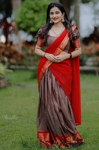 Coffee Brown & Red kanci cotton blend half saree – traditional zari weaving langa voni set for south indian style