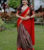 Coffee Brown & Red kanci cotton blend half saree – traditional zari weaving langa voni set for south indian style