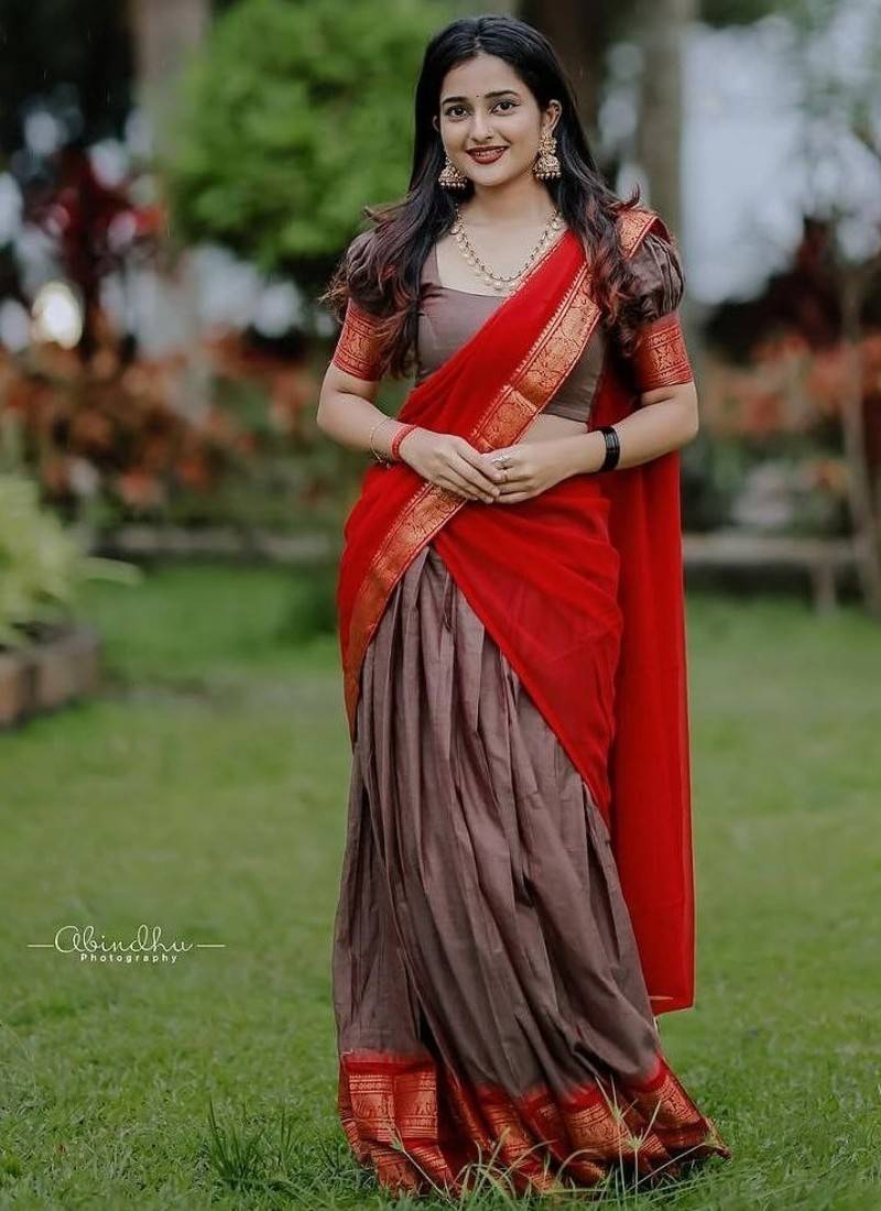 Coffee Brown & Red kanci cotton blend half saree – traditional zari weaving langa voni set for south indian style