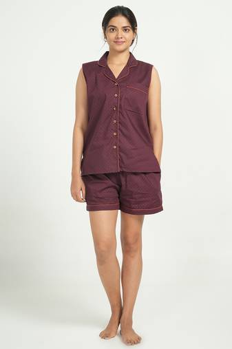 Maroon cotton printed shorts co-ord set for women