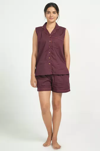Maroon cotton printed shorts co-ord set for women