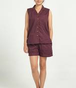Maroon cotton printed shorts co-ord set for women