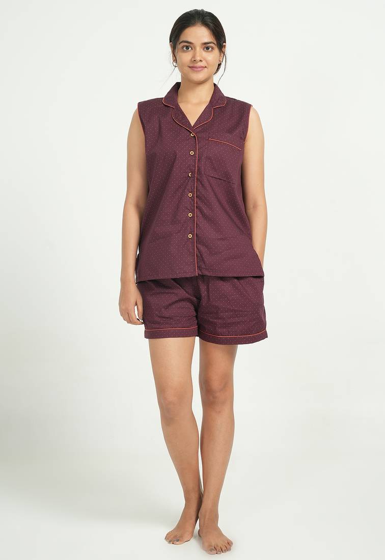 Maroon cotton printed shorts co-ord set for women