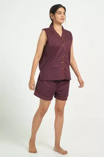 Maroon cotton printed shorts co-ord set for women