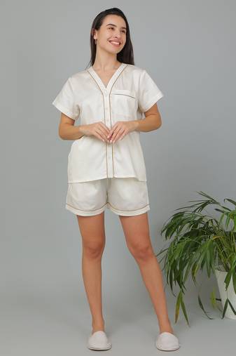 Cream cotton plain shorts co-ord set for women