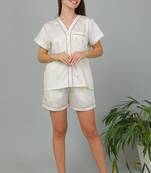 Cream cotton plain shorts co-ord set for women