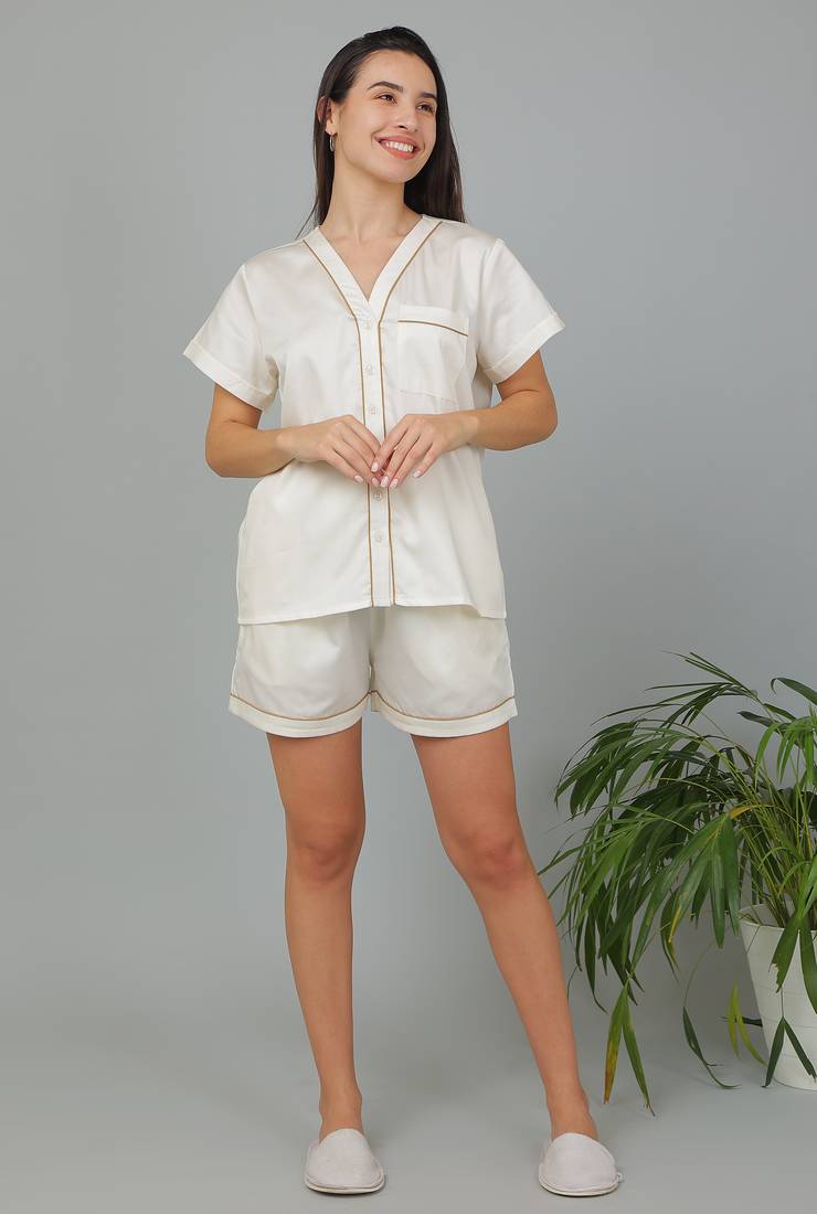 Cream cotton plain shorts co-ord set for women