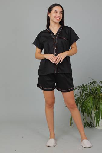 Black cotton plain shorts co-ord set for women