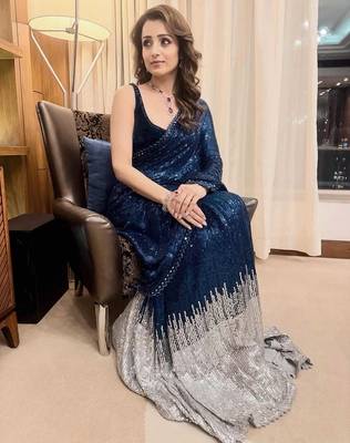 Blue color heavy georgette sequin work saree with cutwork border 2